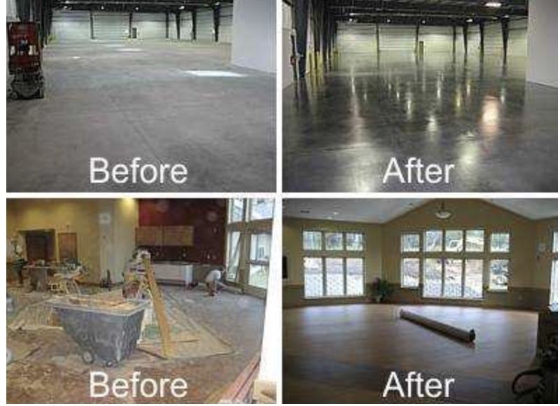 Before and after comparison of commercial floor and interior restoration
